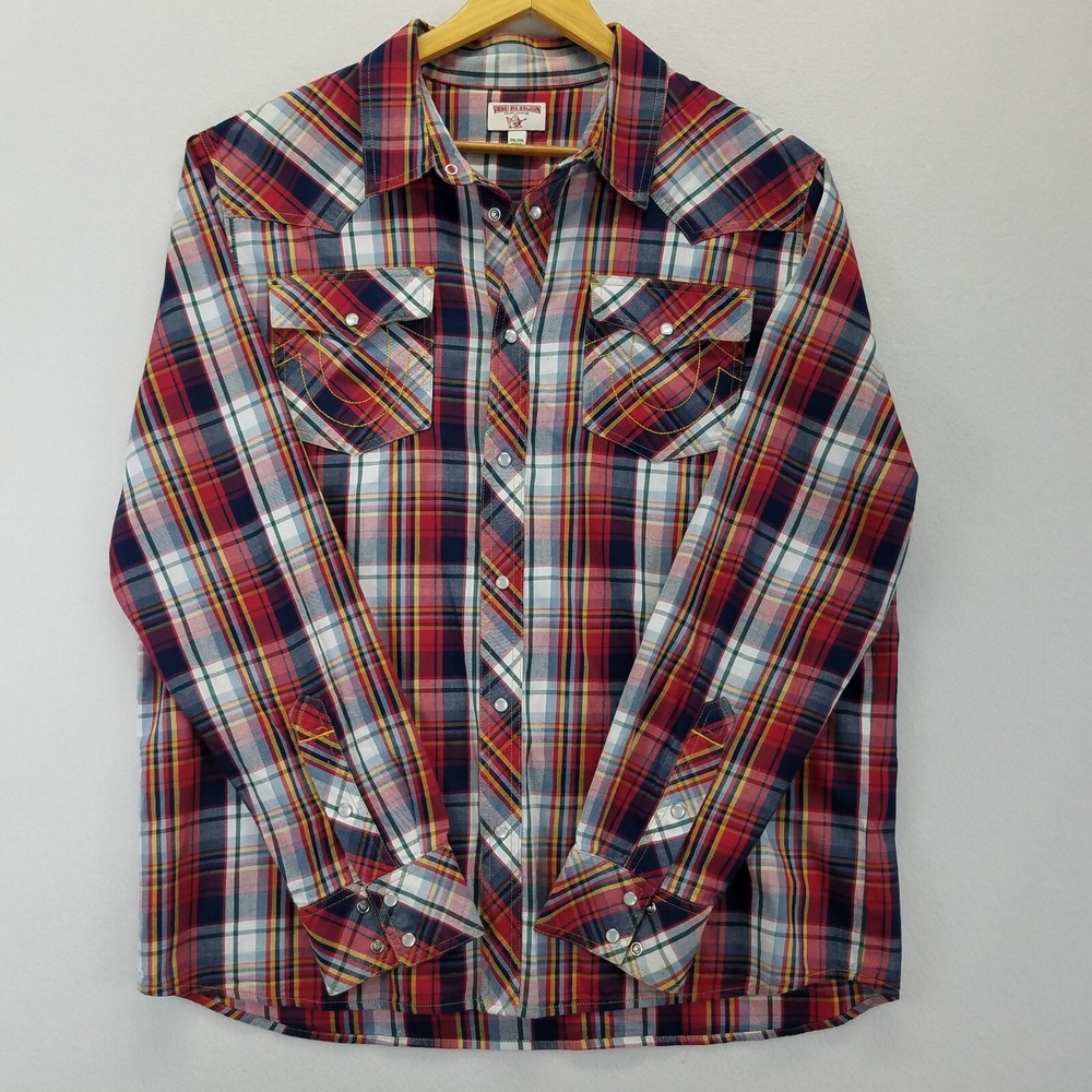 True Religion Shirt Men 2XL Slim Red Tartan Plaid Long Sleeve Pearl Snap Button
